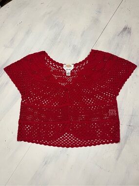 Talbots Hand Knit Open Crotchet Short Sleeve One Button Cropped Sweater Sz S